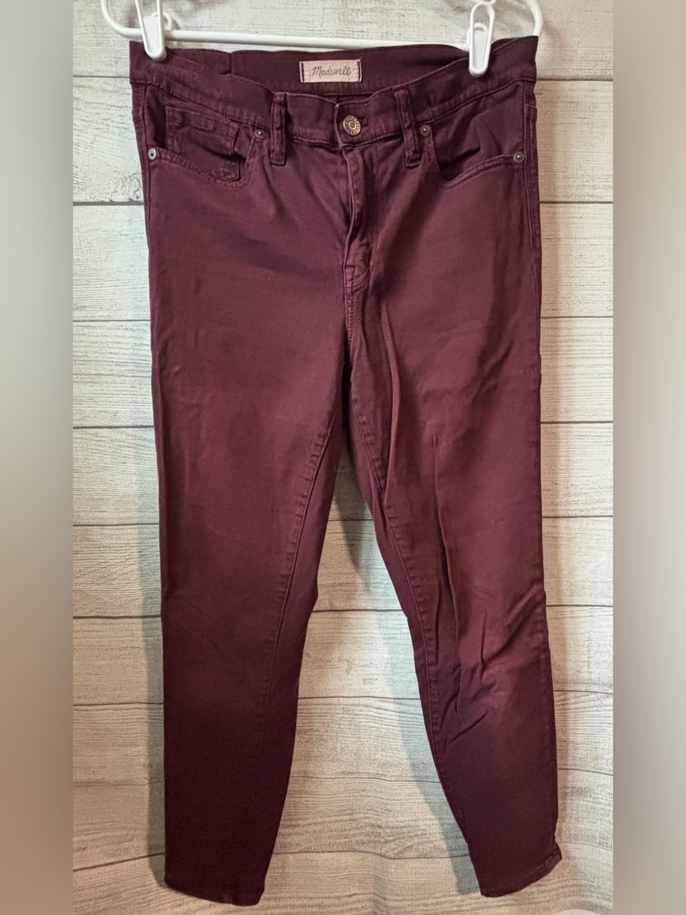 Madewell women’s 9” high riser skinny skinny jeans, maroon red, size 30
